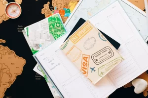 Map with passport and visa